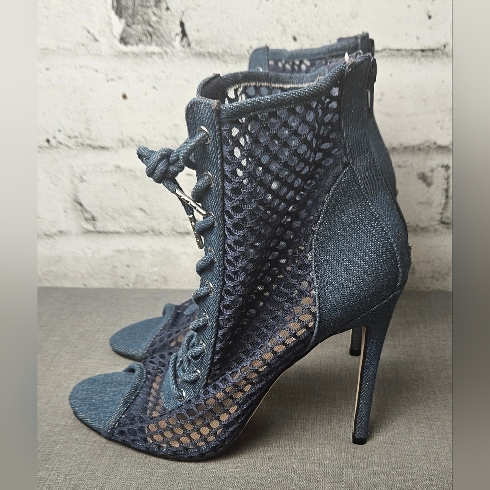 ShoeDazzle Cadence Denim Peep Toe Booties Heels • Size 7